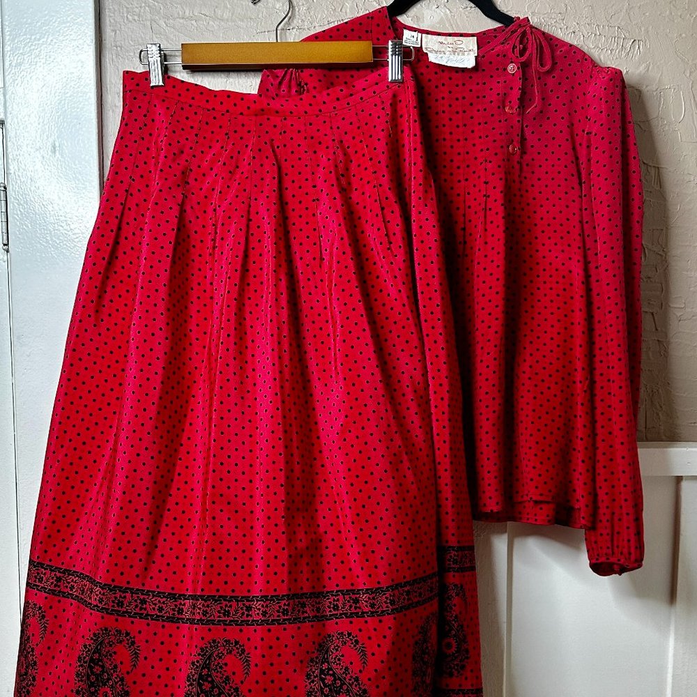 Vintage Miss D by Oscar De la Renta Red Polka Dot Skirt and Blouse Top Set